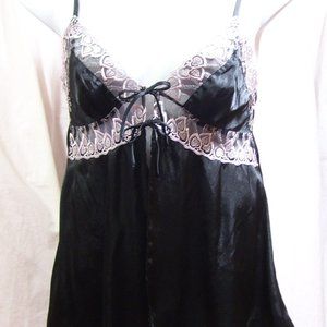 Black Sexy Satin Chemise Trimmed Pink Embroidery Size L See Measurements…